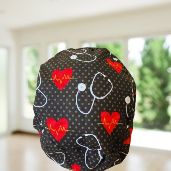 PREMIUM Steth Heartbeat~ Euro Style Scrub Cap, Unisex Nurse Cap, Scrub Hat, Gift - Picture 3 of 4